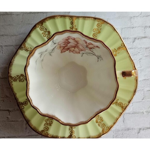 Vintage EB Foley Bone China Tea Cup and Saucer: Yellow Green Gold Floral - Picture 2 of 8
